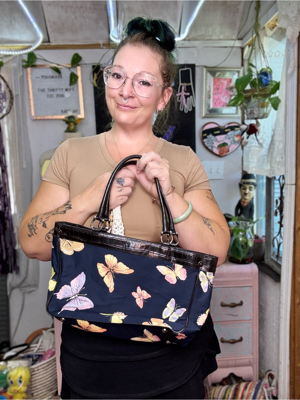 Talbots y2k Black Shoulder Tote with Multi-Color Butterfly Print